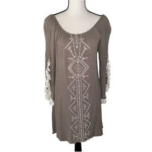Kori America Neutral Off the Shoulder Tassel Tunic Bohemian Dress Size Large
